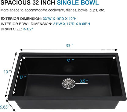 33 Inch Black Granite Composite Kitchen Sink Workstations Black Quartz Undermount Single Bowl Sink with Accessories Single Basin Large Capacity Noise Reduction Quiet Kitchen