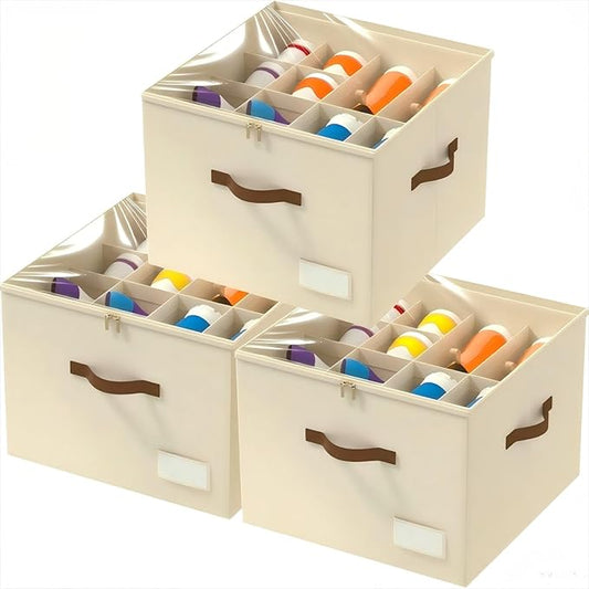 3 Pack Shoe Organizer for Closet, Foldable Shoe Storage Containers, Fits 24-48 Pairs, Shoe Storage Organizer Box Cubby Baskets Bins with Clear Cover and Reinforced Handles, Beige
