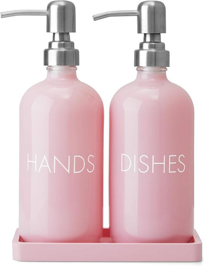 Pink Glass Dish and Hand Soap Dispenser Set by Unknown