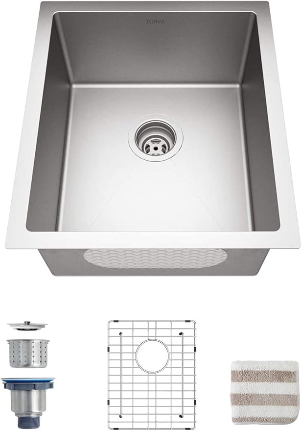 TORVA 15 x 17 Inch Undermount Kitchen Sink, Premium 304 Stainless Steel Bar Sink - 9 Inches Deep Basin Single Bowl Sink