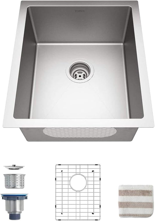 TORVA 15 x 17 Inch Undermount Kitchen Sink, Premium 304 Stainless Steel Bar Sink - 9 Inches Deep Basin Single Bowl Sink