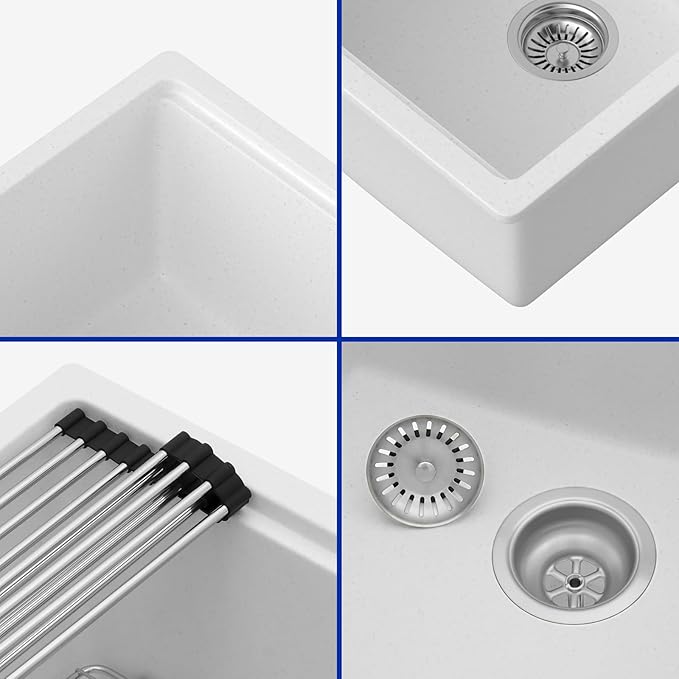 Dcolora 18 Inch Wet Bar Sink Granite Composite White Undermount Small Kitchen Sink Single Bowl With Workstation #DC-GU0001WS