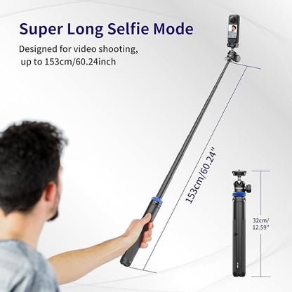 Selfie Stick Tripod for Gopro Camera, 62" Extendable Tripod Stand with 360° Ball Head 1/4" Screw, Portable Lightweight Camera Tripod for GoPro Max Hero 11 10 9 8 7 6 5 DJI OSMO Action Camera