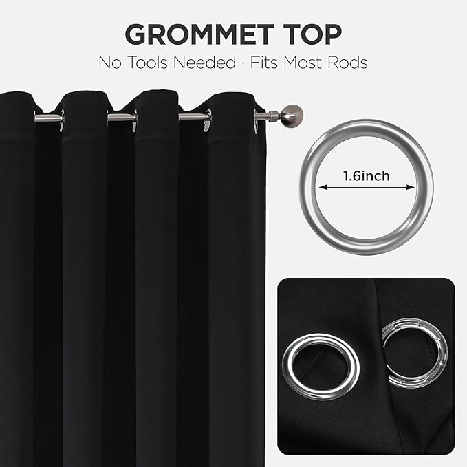 Joydeco Blackout Patio Sliding Door Curtains 90 Inches Long, Grommet Privacy Room Divider Curtains, Extra Wide Thermal Blackout Drapes for Bedroom Living Room (Black, 70Wx90L, 1 Panel)