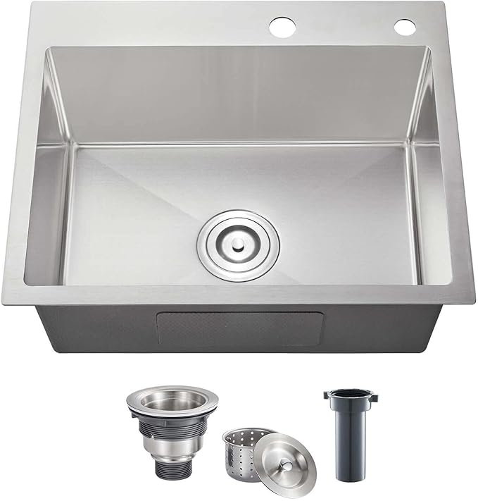 POPFLY 24×18 Inch Drop in Kitchen Sink, Topmount Handmade Single Bowl 18 Gauge 304 Stainless Steel Overmount Kitchen Sinks, Brushed