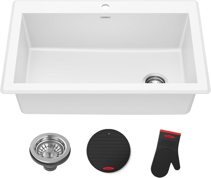 KRAUS Forteza 33-inch Granite Drop In/Undermount Single Bowl White Kitchen Sink, KGD-54WHITE