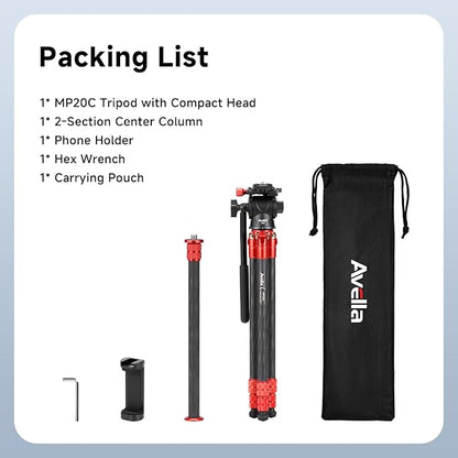 Avella Mini Carbon Fiber Camera Tripod MP20C, Portable Lightweight Tabletop, External Center Column Compact Design, Travel Tripod with 360°Ball Head and V Yoke Bracket for DSLR Camera