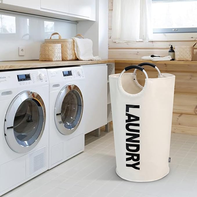 DOKEHOM 90L Large Laundry Basket, Collapsible Laundry Bag, Freestanding Tall Clothes Hamper, Foldable Washing Bin (Beige)