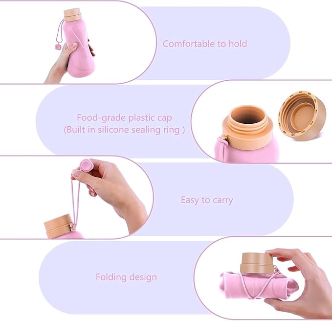 Collapsible Water Bottles,650ml,Leak Proof,Reuseable BPA Free Silicone Foldable Water Bottles,Durable Lightweight for Travel Gym Camping Hiking,Compact Size Portable Sports Water Bottle (Purple)