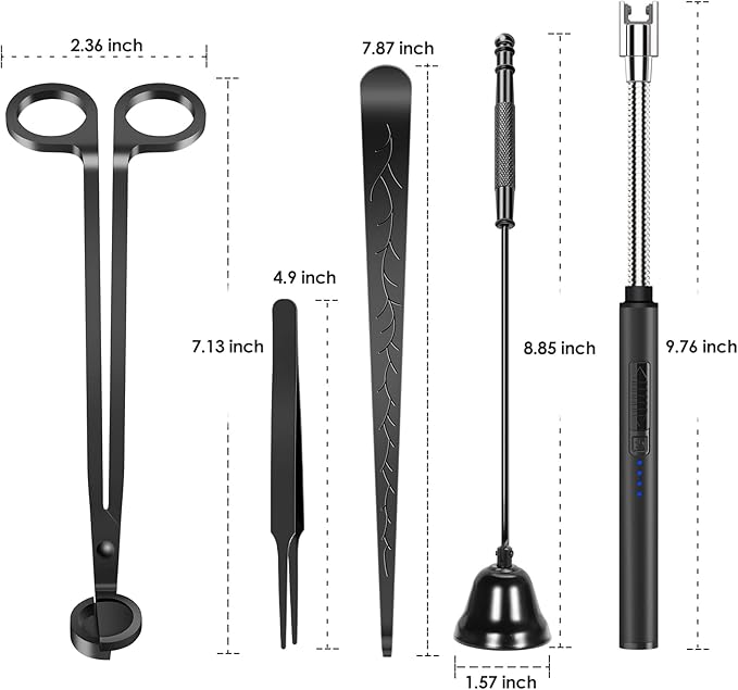 5 in 1 Candle Accessory Set,Candle Wick Trimmer Cutter,Candle Wick Dipper,Candle Wick Snuffer,Rechargeable Candle Lighter,Tweezers,Stainless Steel Candle Care Kit Home Gift for Aromatherapy(Black)