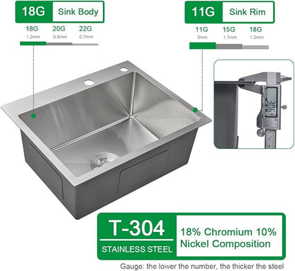 20x16x9 Inch Drop in Kitchen Sink, Handmade 304 Stainless Steel Single Bowl - Image 3