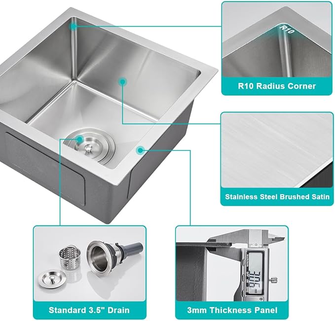 15 x 15 Inch Undermount Kitchen Sink, T-304 Stainless Steel Handmade Single Bowl Kitchen Bar Sink or Prep Small Sink (Brushed)