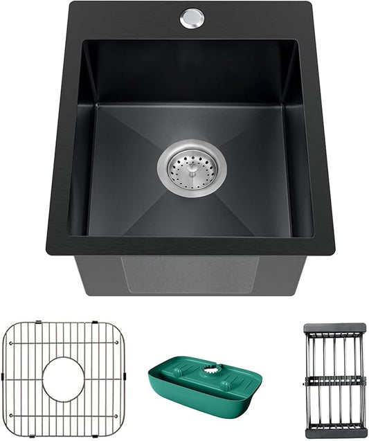 Black Kitchen Sink, Stainless Steel Drop In 15x17x9 Inch Single Bowl Topmount Kitchen And Bar Sink Combo-Stainless Grid,Drain Basket,Faucet Mat,Drain Strainer Set for Modern Style Kitchen&Bar