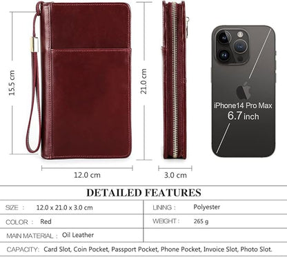 CONTACTS Travel Passport Wallet for 4 Women Leather Passport Holder RFID Blocking Card Organizer Large Capacity Wristlet Clutch Purse Red with 13 Card Slot