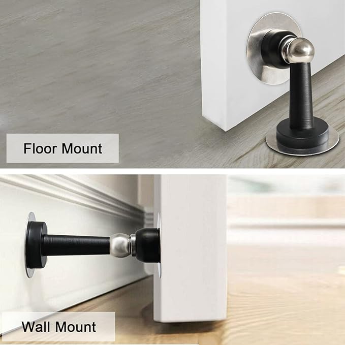 Shackcom Magnetic Door Stop 12 Pack Stainless Steel Door Holders to Keep Door Open Self-Adhesive Tape, Screws for Stronger Wall & Floor Mount for Bedroom Bathroom Kitchen Home Office(Black)