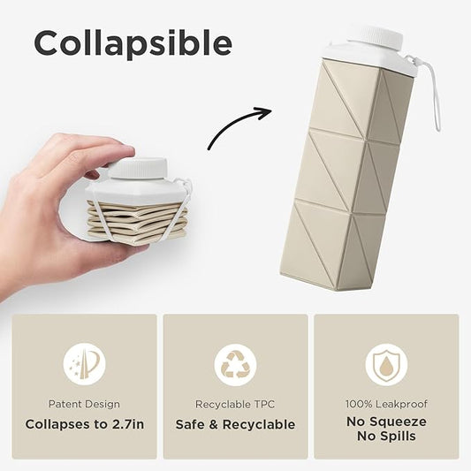 POMKAKA Collapsible Water Bottles 24.3oz(720ml), 2nd Generation Leakproof BPA-Free Travel Water Bottle,Lightweight Reusable Water bottle for Cycling Gym Camping Sports,Champagne White