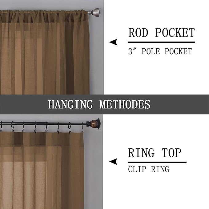 Tollpiz Sheer Curtains Linen Textured Living Room Curtain Sheers Light Filtering Rod Pocket Voile Curtains for Bedroom, 42 x 63 inches Long, Brown, Set of 2 Panels