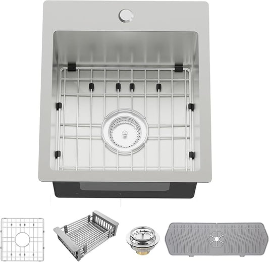 Kitchen And Bar Sink, 15x17 Inch Stainless Steel Drop In Kitchen Sink Modern Single Bowl Topmount Bar Sink Combo-SS Grid,Silicon Mat,Drain Strainer Set Compatibility With Various Kitchen & Bar Style