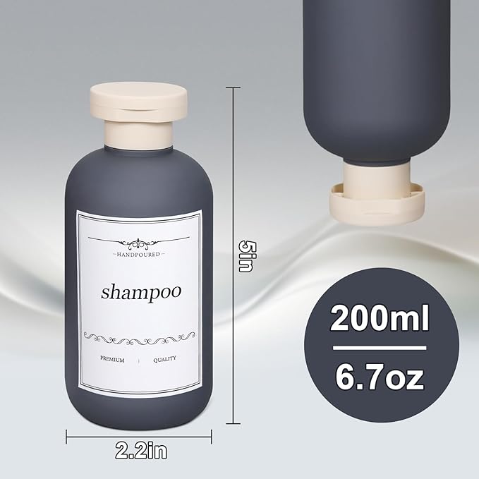 ASEVAT 6.7oz Refillable Plastic Travel Shampoo Bottles, Empty Travel Shampoo and Conditioner Bottles Reusable, Travel Size Shampoo Bottle, Hand Soap Dispenser for Vacation,Gym, Home(Grey)