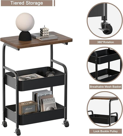 Rolling Cart with Wooden Tabletop 3-Tier Metal Utility Rolling Cart Storage - Image 6