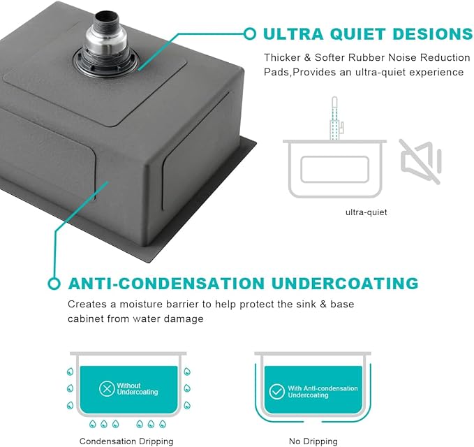 20-inch Undermount Kitchen Sink Black, T304 Stainless Steel Single Bowl Kitchen Sink Undermount, 9-inch Deep Sink Bowl Small Bar Sink, D20"xW16"xH9"