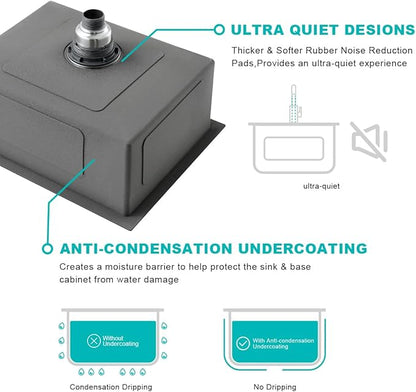 20-inch Undermount Kitchen Sink Black, T304 Stainless Steel Single Bowl Kitchen Sink Undermount, 9-inch Deep Sink Bowl Small Bar Sink, D20"xW16"xH9"