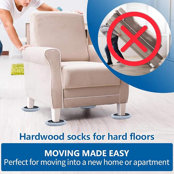 Furniture Sliders, 8 Pack 3 1/2" Moving Pads and 8 Hardwood Socks, Protect - Image 4