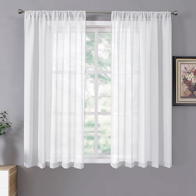 Tollpiz Short Sheer Curtains Linen Textured Living Room Curtain Sheers Light Filtering Rod Pocket Voile Curtains for Bedroom, 42 x 45 inches Long, White, Set of 2 Panels