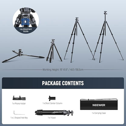 NEEWER LITETRIP LT07 61" Aluminum Travel Tripod for Camera w Pan Tilt Low Profile Ball Head, Arca QR Plate Compatible with Peak Design Tripod Plate V3, Dual Center Axis, Phone Holder, Max Load 22lb