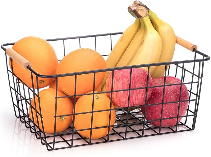 LeleCAT Wire Baskets with Wooden Handles Wire Storage Organizer Bin Baskets - Image 2