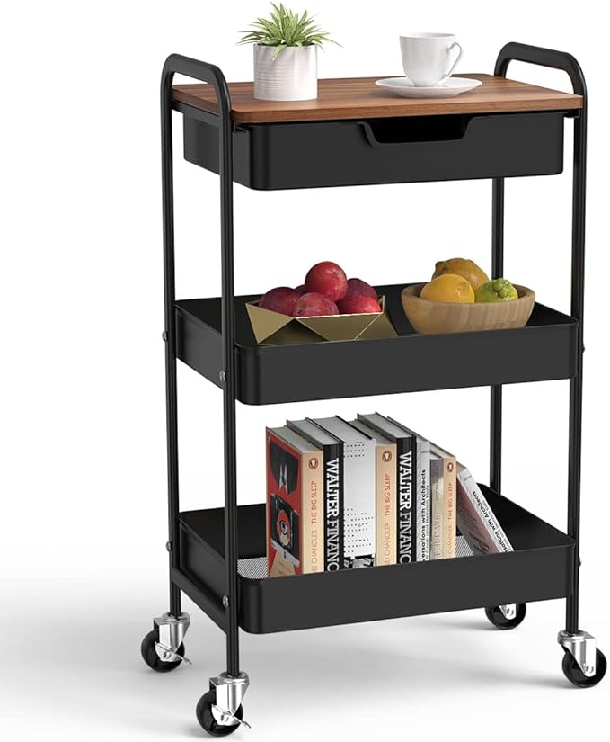 3 Tier Rolling Cart with Drawer, Metal Utility Cart on Wheels Storage Cart with by Aratan