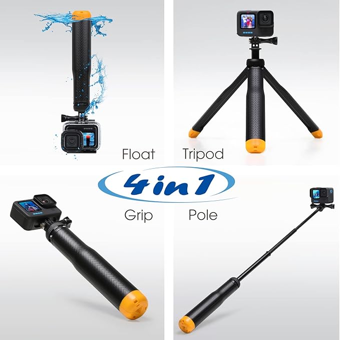 SOONSUN 4in1 Floating Selfie Stick Hand Grip Tripod for GoPro Hero 13 12 11 10 9 8 7 6 5 4 Session Max, AKASO, SJCAM Action Camera, Waterproof Extension Monopod Pole Floating Handle Tripod Stand