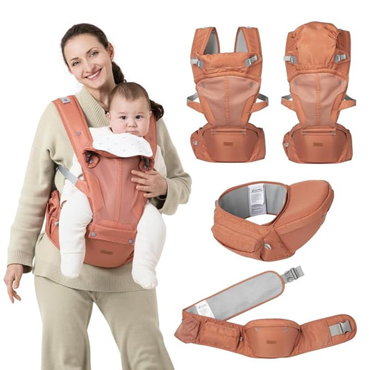 BabbleRoo Grow Carrier – 6-in-1 Baby Carrier with Hip Seat, Ergonomic, Cozy & Adjustable Toddler Carrier 7-50 lbs with Hip & Lumbar Support, Hood for Sun Protection, Newborn to Toddler, Kangaroo Rose