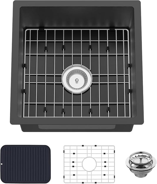 Small Black Kitchen Sink,18x18 Inch Stainless Steel Undermount Drop In Kitchen&Bar Sink Ideal Choice For Small Space, Prep Area, RV With Bottom Grid,Soap Mat And Drain Assembly