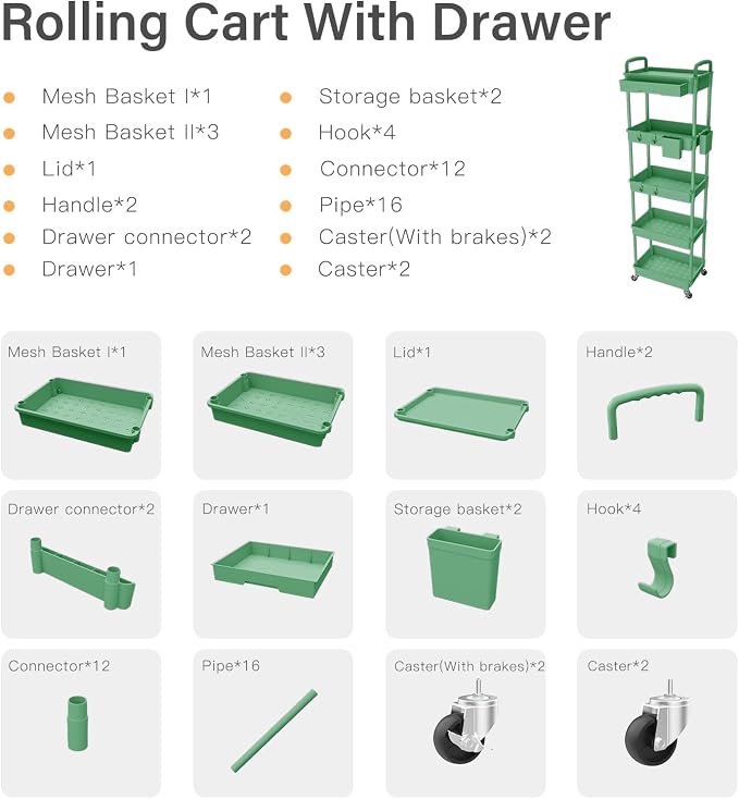 5 Tier Rolling Cart Organizer, Bathroom Cart Organizers - Image 7