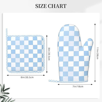 Oven Mitts and Pot Holders Set, Checkerboard Pattern Pastel Blue Silicone - Image 3