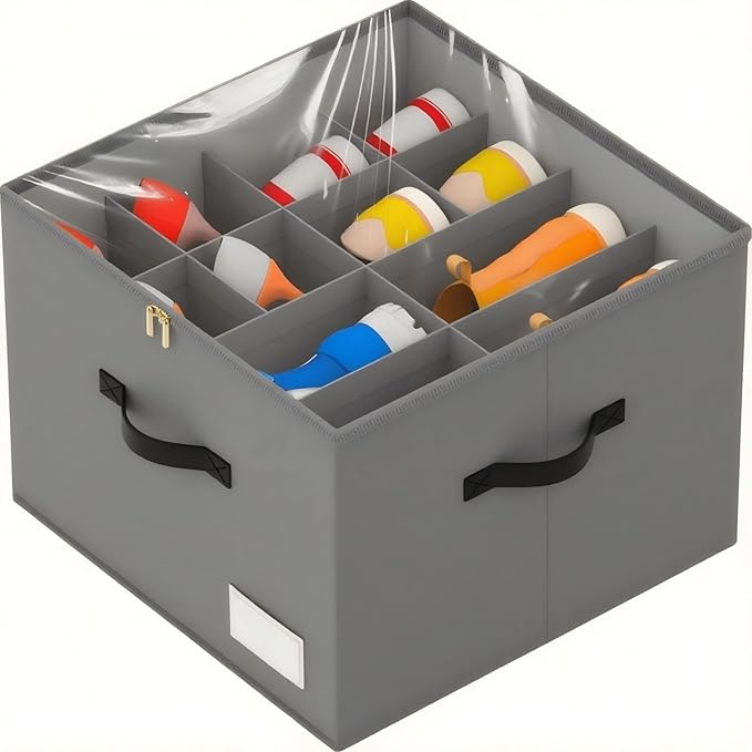 Shoe Organizer for Closet, Foldable Shoe Storage Containers, Fits up to 16 Pairs, Large Shoe Storage Organizer Box Cubby Baskets Bins with Clear Cover and Reinforced Handles, Gray