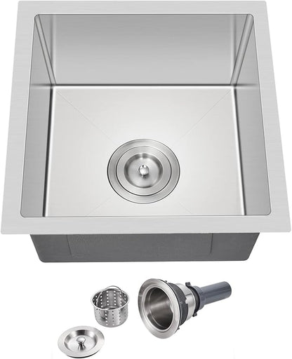 15 x 15 Inch Undermount Kitchen Sink, T-304 Stainless Steel Handmade Single Bowl Kitchen Bar Sink or Prep Small Sink (Brushed)