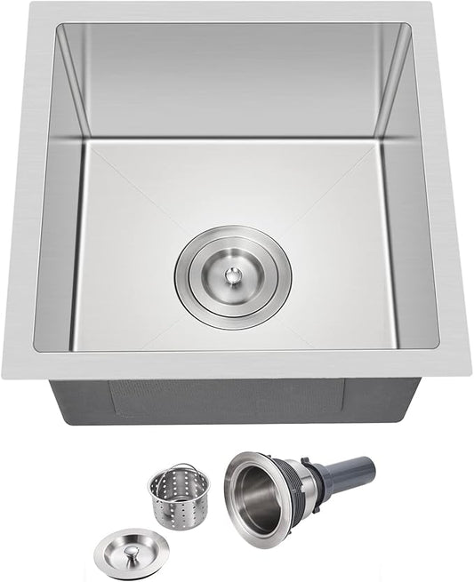 15 x 15 Inch Undermount Kitchen Sink, T-304 Stainless Steel Handmade Single Bowl Kitchen Bar Sink or Prep Small Sink (Brushed)