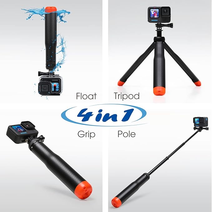 SOONSUN 4in1 Floating Selfie Stick Tripod for GoPro Hero 13 12 11 10 9 8 7 6 5 4 3, Max, AKASO, Osmo Action 3/4/5 Pro Camera - As Waterproof Extension Monopod Pole Floating Handle Grip Tripod Stand