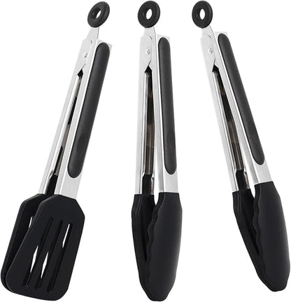 9 Inch Small Kitchen Tongs Set of 3, Silicone Cooking Tongs by Pharamat