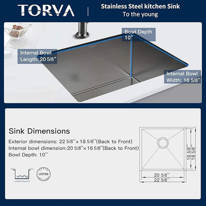 TORVA 22-Inch Undermount Kitchen Sink, Premium 304 Stainless Steel Bar Sink - 10 Inches Deep Basin Single Bowl Sink