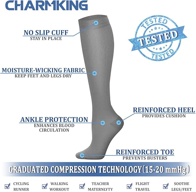 CHARMKING Compression Socks for Women & Men Circulation (3 Pairs) 15-20 mmHg is Best Support for Athletic Running Cycling