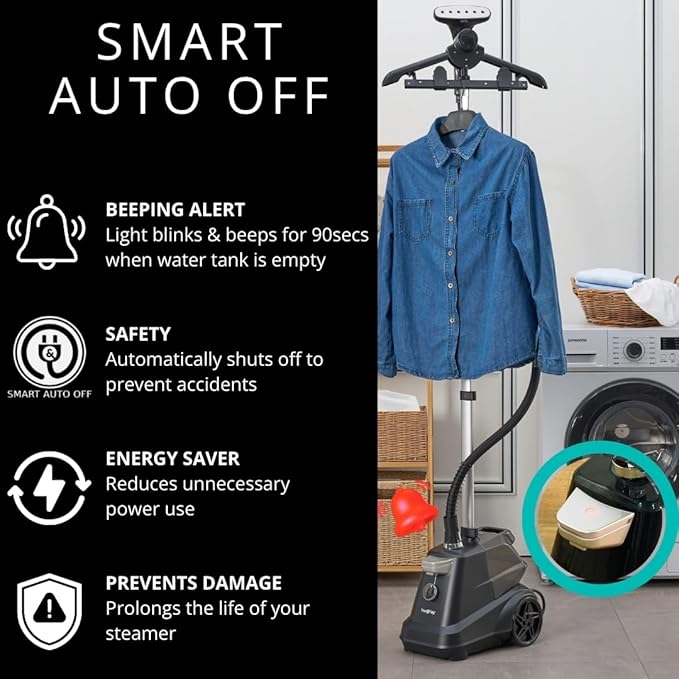 True & Tidy® Heavy-Duty Industrial Standing Garment Steamer for Clothes, 1800 watts, Extra Large 3L water tank 90+ mins of Steam Time (Matte Black, Smart Auto-Off Commercial Garment Steamer)