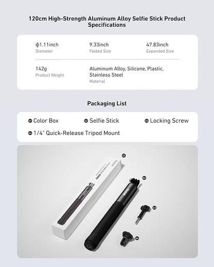 TELESIN 47" Extension Selfie Stick, Portable Handheld Invisible Monopod Pole for GoPro Hero 13 12 11 10 Insta360 X5 X4/DJI Osmo 360/Action 5 4 Pocket/AKASO Vlog Selfie Stick, Action Camera Accessories