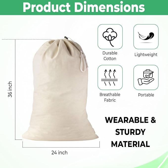 Large Cotton Laundry Bag, Heavy Duty Large Laundry Bags 24 x 36 inch Drawstring - Image 2