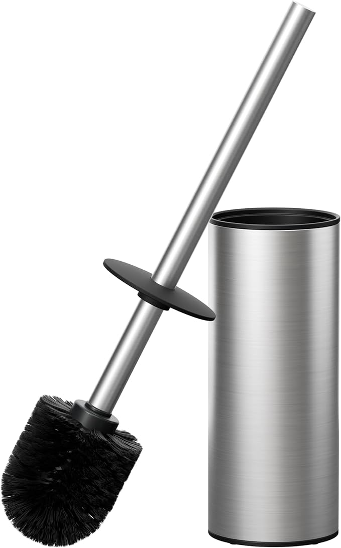 FORIOUS Toilet Brush and Holder Set Brushed Nickel, 304 Stainless Steel Long Handle and Heavy Duty Base for Bathroom Deep Cleaning, Drip-Proof, Space Saving for Storage, 2 Toilet Bowl Brush Head