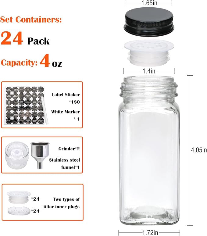 Maredash 24pcs Spice Jars with180 Labels, Glass Spice Jars, Seasoning Containers - Image 2