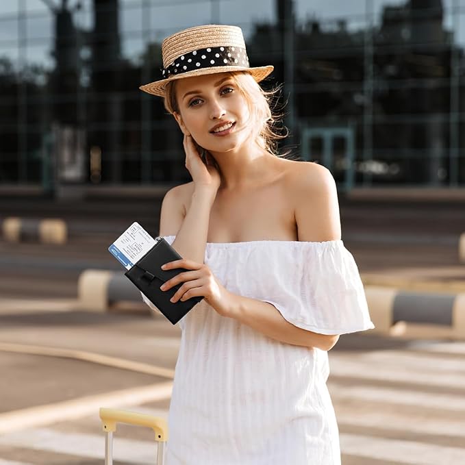 Real Leather Wallet RFID Blocking Passport Holder with Travel Lanyard Document Organizer Brown (Black)