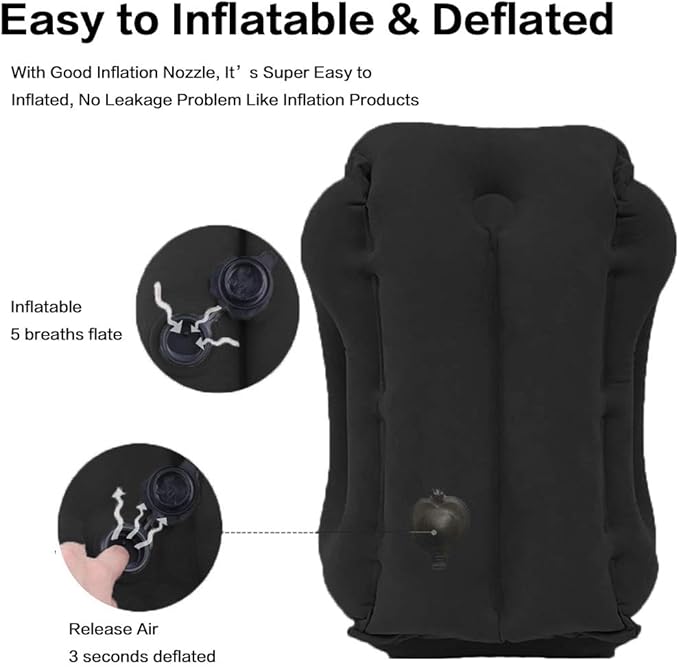 Inflatable Travel Pillow for Airplane, Neck Air Pillow for Sleeping to Avoid Neck and Shoulder Pain, Support Head and Lumbar, Used for Airplane, Car, Bus and Office (Black)